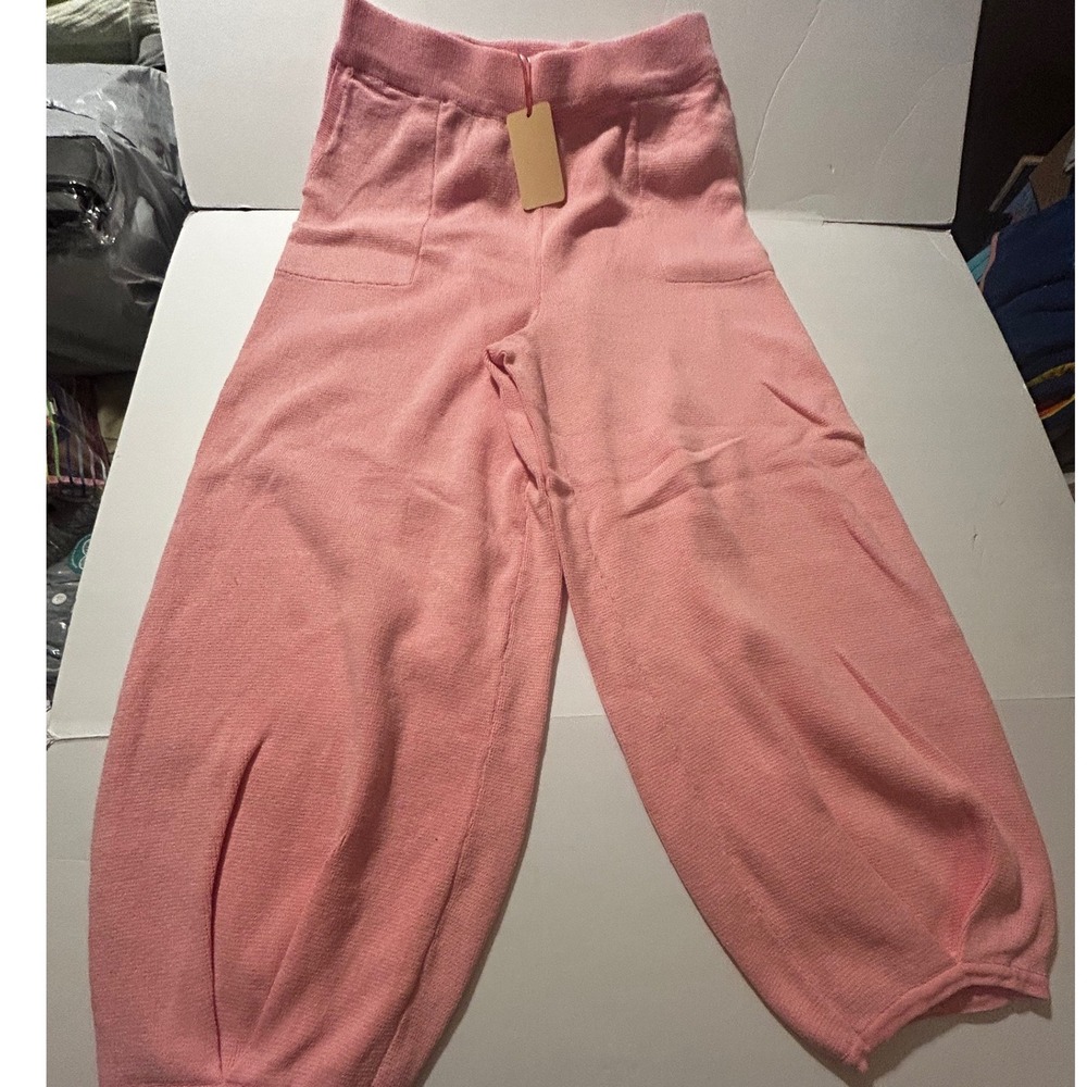 Entro Pink Knit Wide Leg Balloon Pants High Waist Cotton XL NWT Cozy Coquette